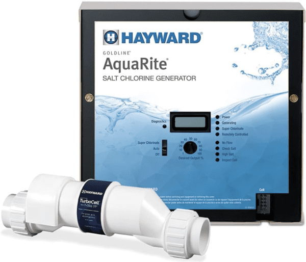 A Hayward W3AQR15 AquaRite Salt Chlorination System for In-Ground Pools up to 40,000 Gallons with a remote control.